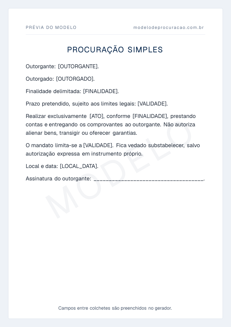 Prévia do modelo: Procuração Simples, com os campos a preencher entre colchetes